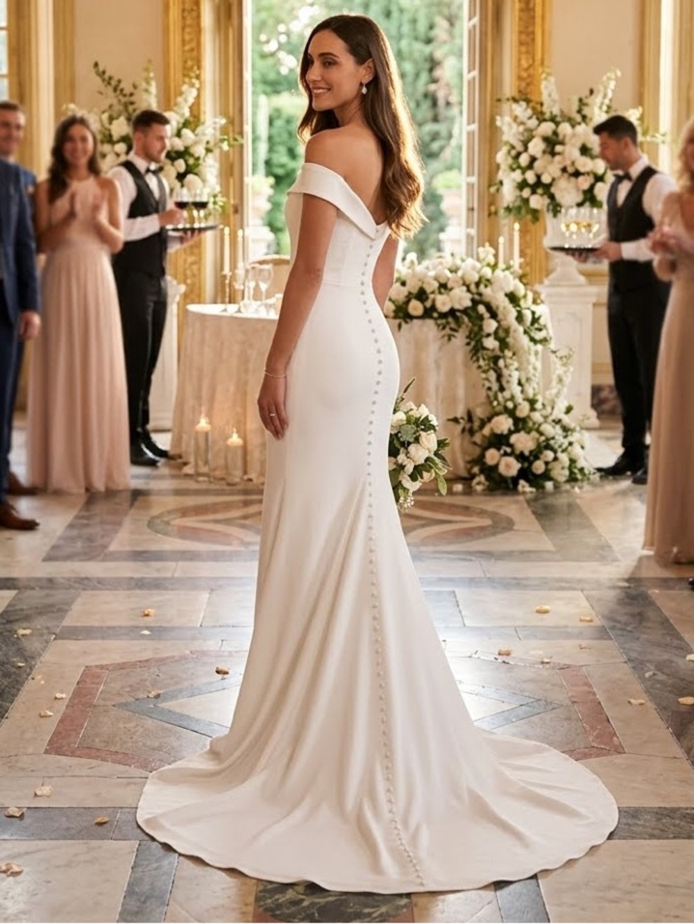 Lulu's Off-Shoulder White Wedding Gown with Covered Button Back
